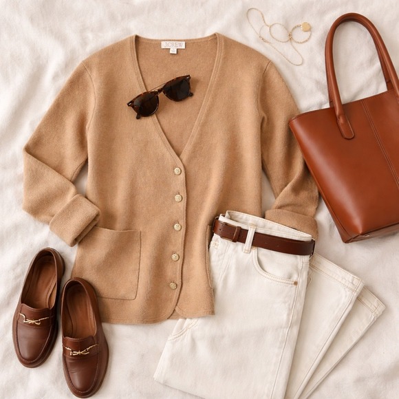 J. Crew Sweaters - J. Crew Merino Wool Blend Neutral Camel Cardigan MED Nautical Coastal Preppy